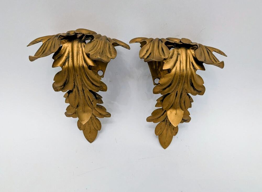 Gold Metal Curtain Tieback Acanthus Leaf Italian Tole 7" Vintage Ornate PAIR